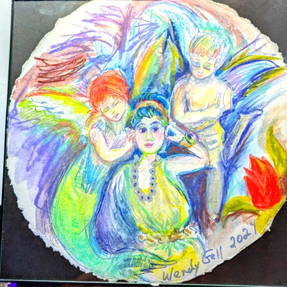 Wendy Gell Art Angel Mermaids In Crayon Bright Colors.